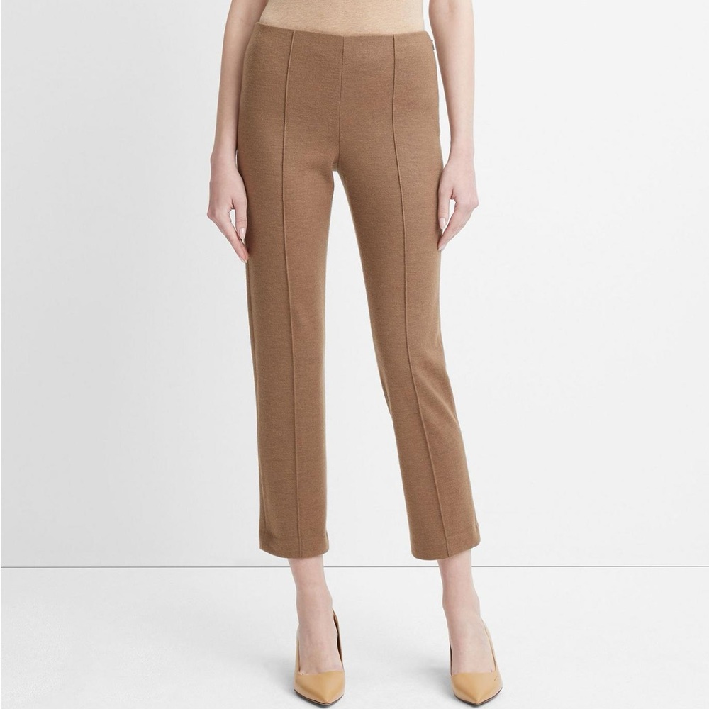 VINCE Cozy Wool-Blend Mid-Rise Stitch-Front Pant Brown Tan Ristretto size 14